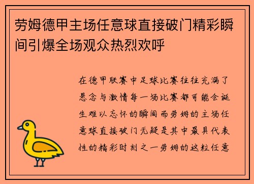 劳姆德甲主场任意球直接破门精彩瞬间引爆全场观众热烈欢呼