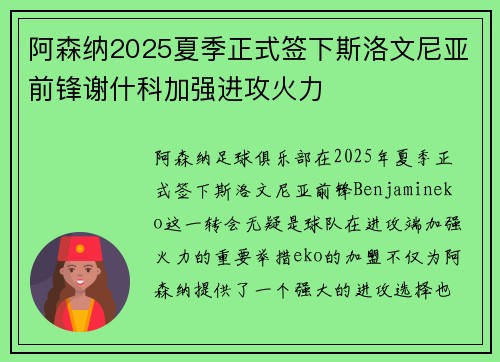 阿森纳2025夏季正式签下斯洛文尼亚前锋谢什科加强进攻火力 阿森纳2025夏季正式签下斯洛文尼亚前锋谢什科加强进攻火力