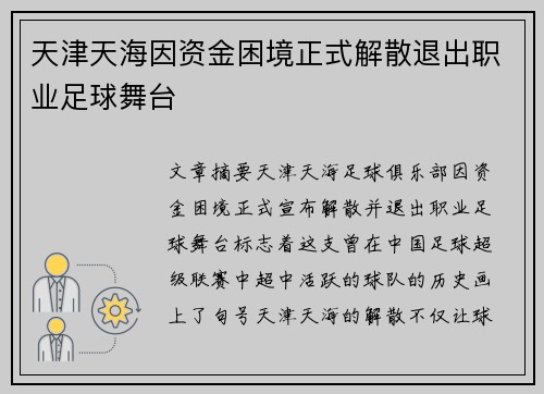 天津天海因资金困境正式解散退出职业足球舞台 天津天海因资金困境正式解散退出职业足球舞台