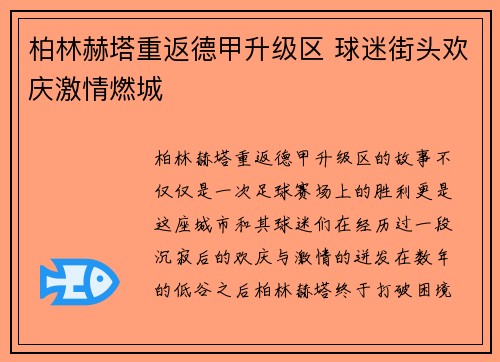 柏林赫塔重返德甲升级区 球迷街头欢庆激情燃城